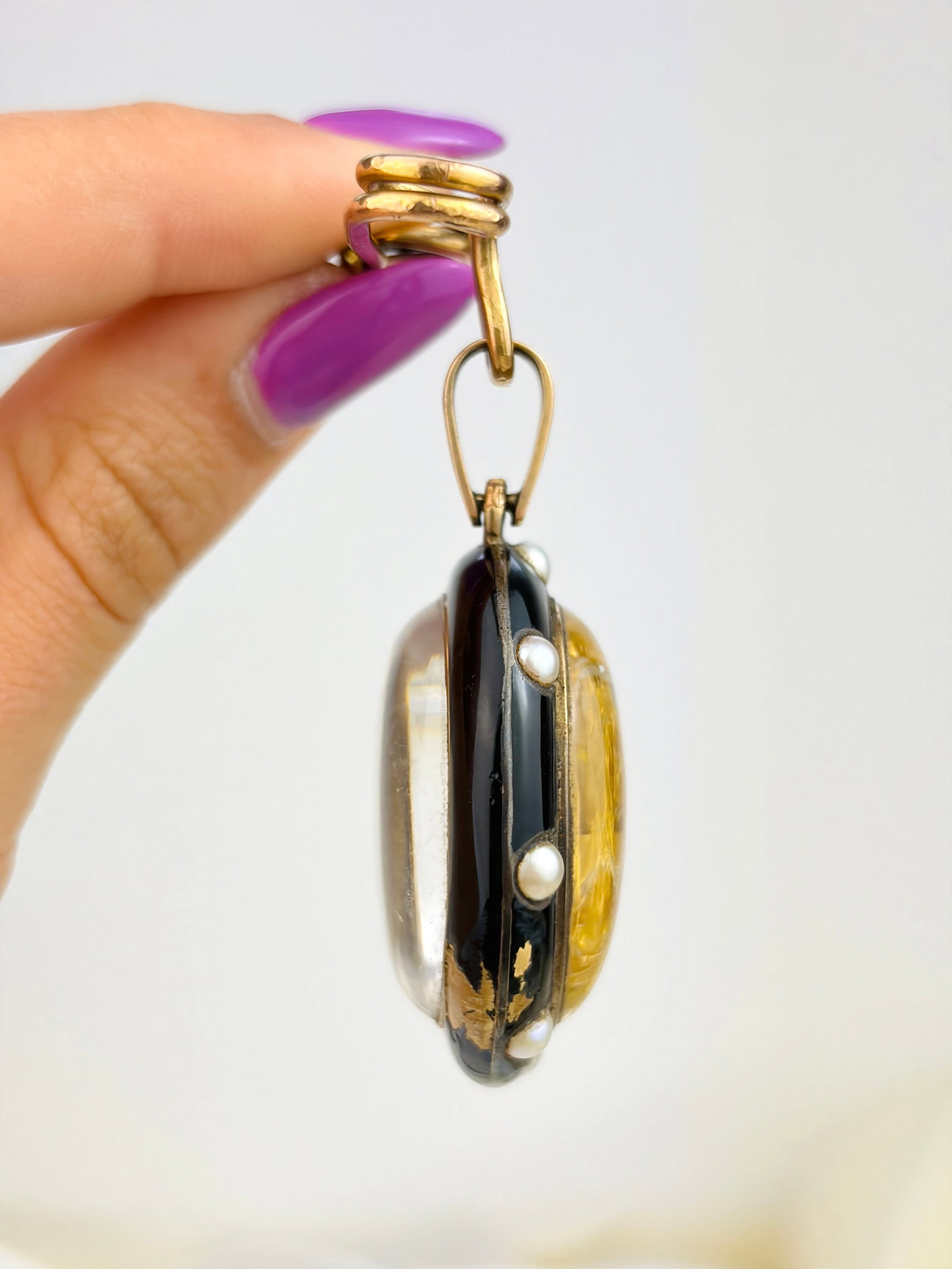 ANTIQUE 9CT YELLOW GOLD PEARL AND ENAMEL MOURNING POOL OF LIGHT PENDANT ON SAFETY PIN BROOCH - 6