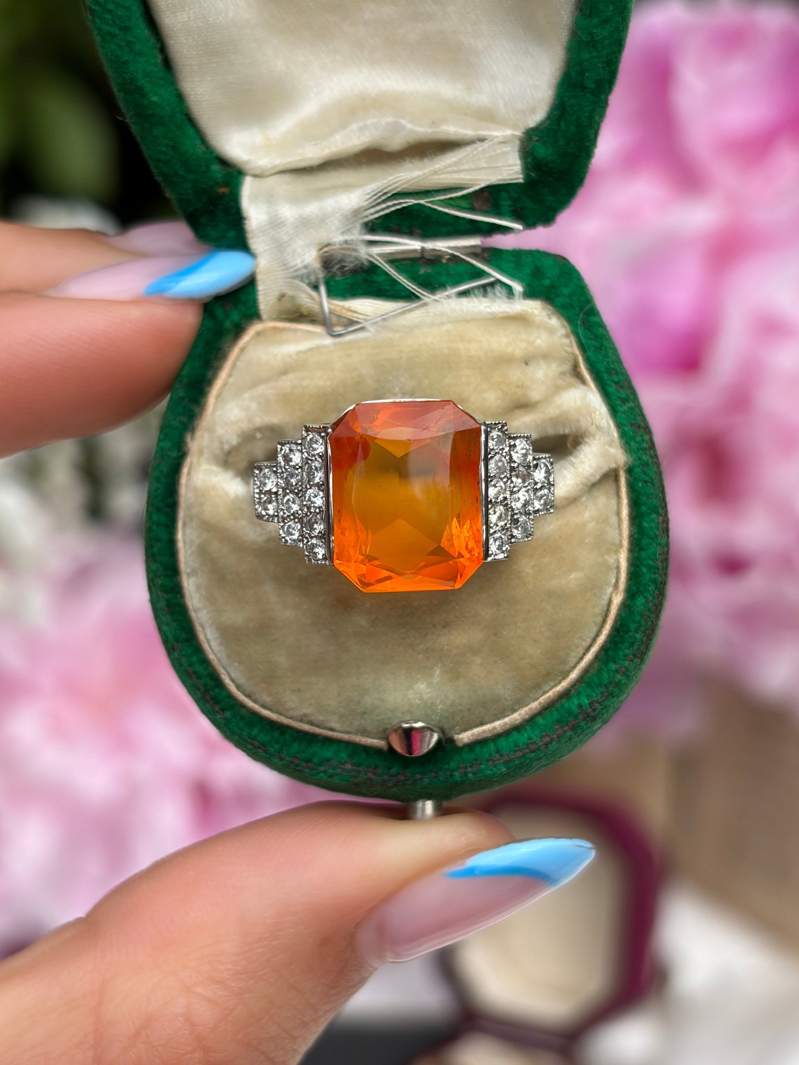 ART DECO ANTIQUE PLATINUM FIRE OPAL AND DIAMOND RING - 10