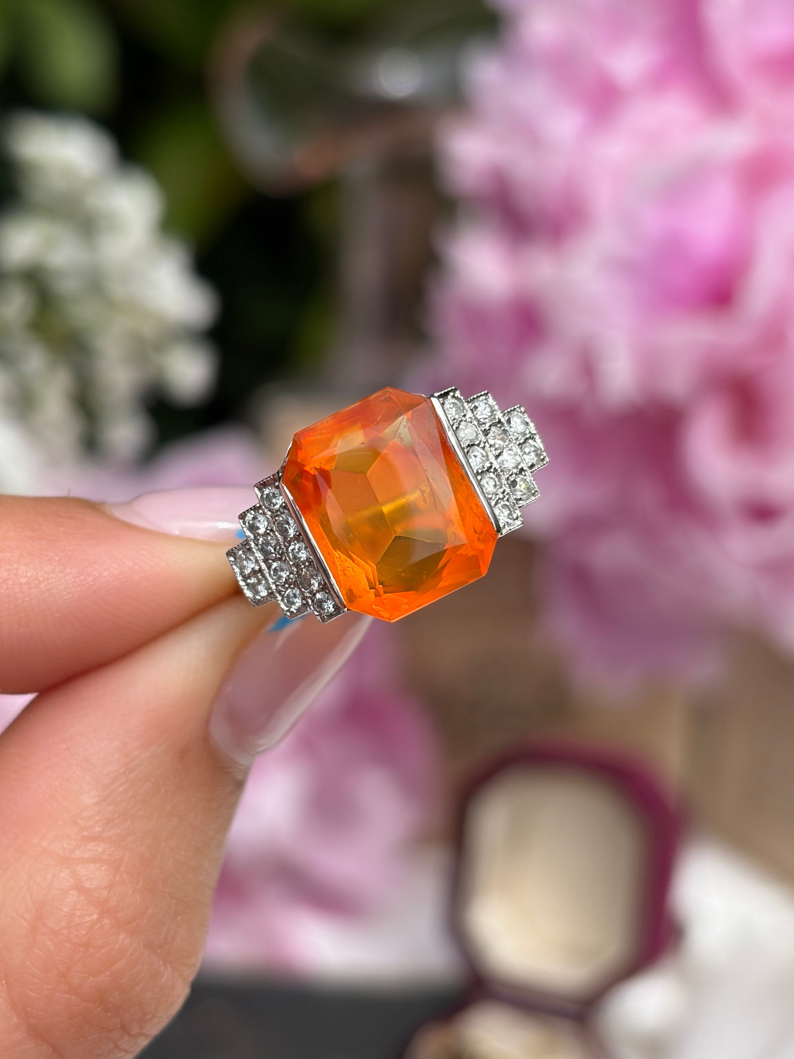 ART DECO ANTIQUE PLATINUM FIRE OPAL AND DIAMOND RING - 11