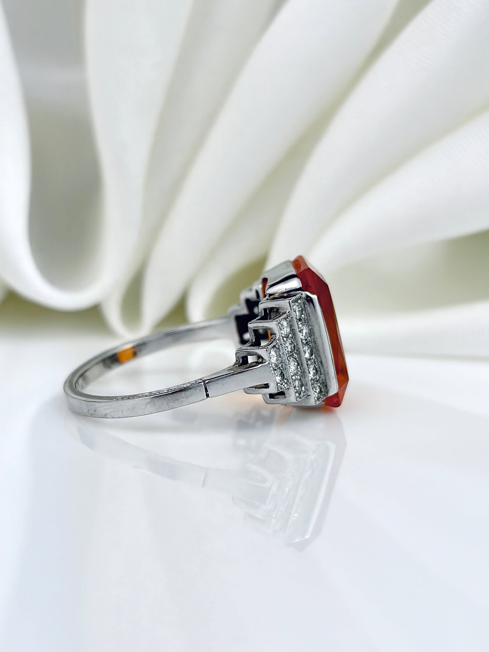 ART DECO ANTIQUE PLATINUM FIRE OPAL AND DIAMOND RING - 2