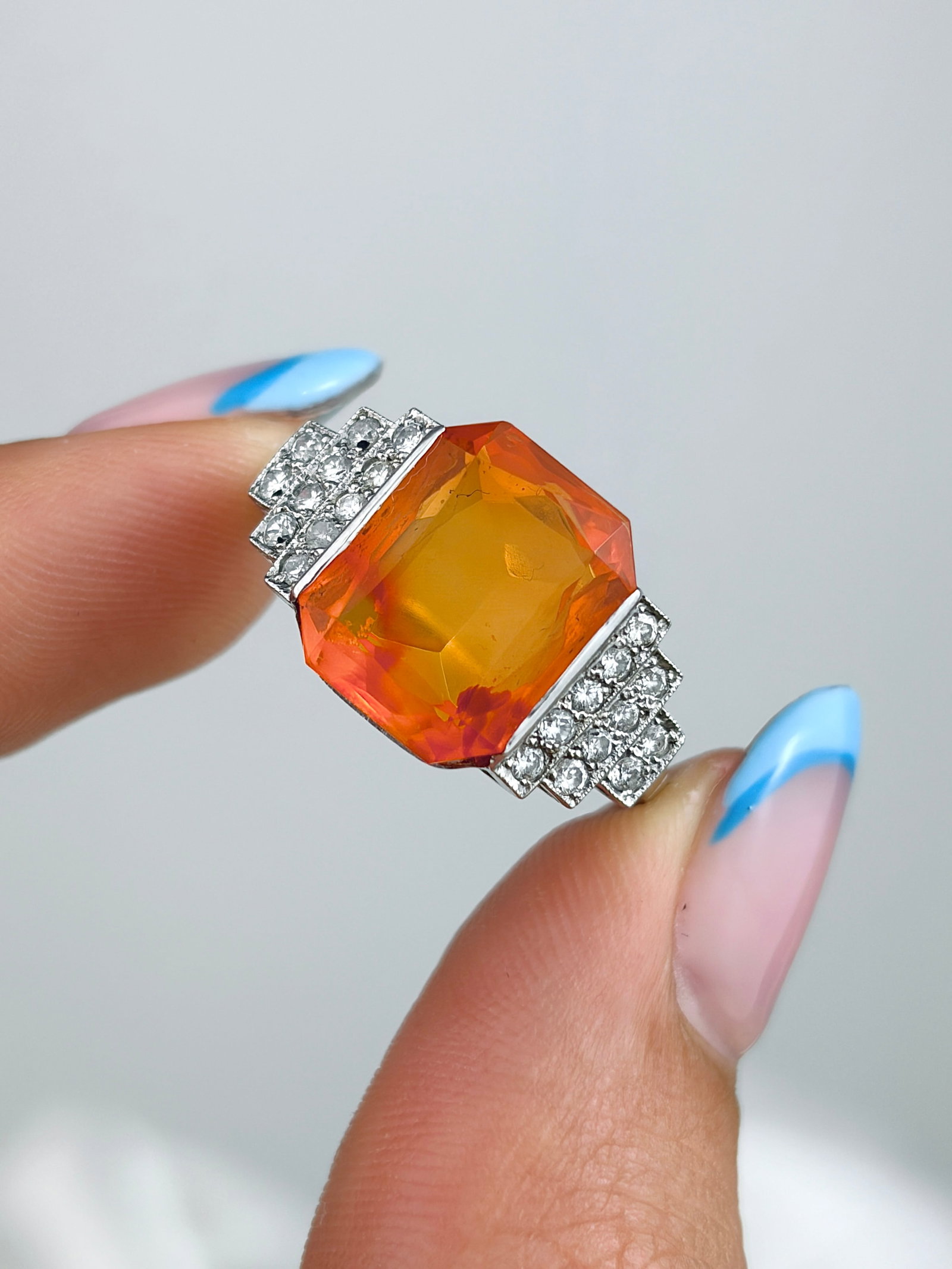 ART DECO ANTIQUE PLATINUM FIRE OPAL AND DIAMOND RING - 5