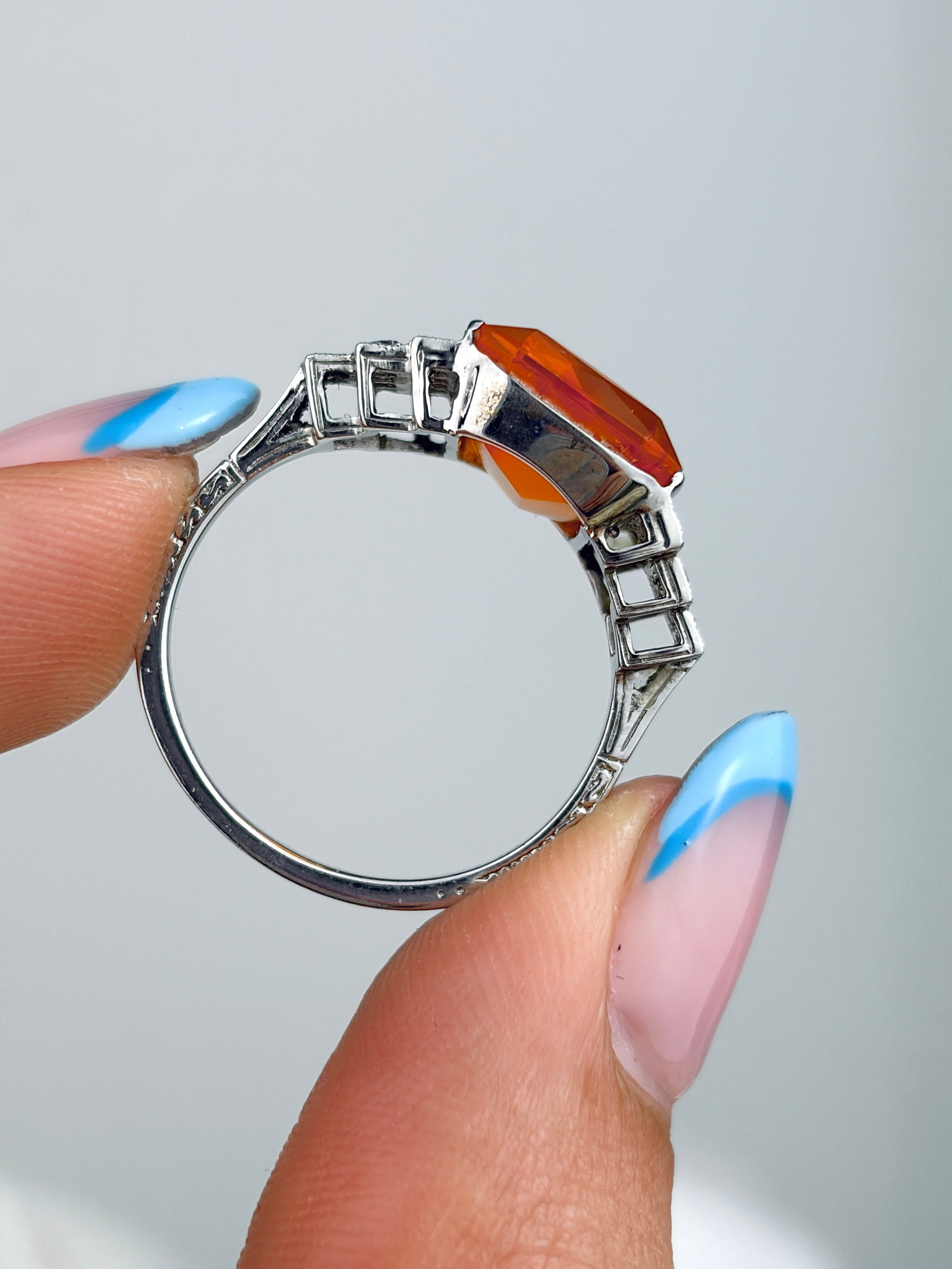 ART DECO ANTIQUE PLATINUM FIRE OPAL AND DIAMOND RING - 6