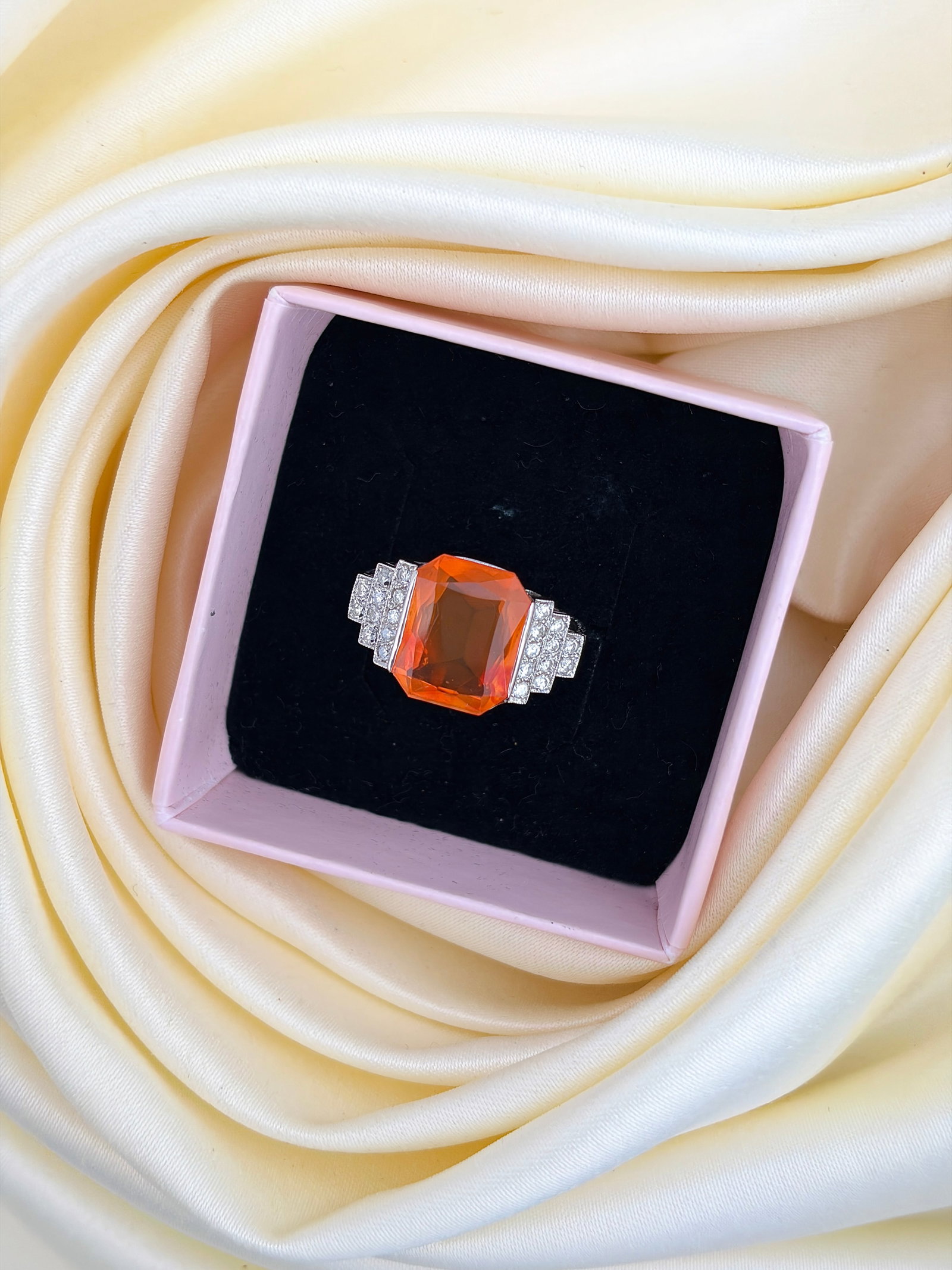 ART DECO ANTIQUE PLATINUM FIRE OPAL AND DIAMOND RING - 7