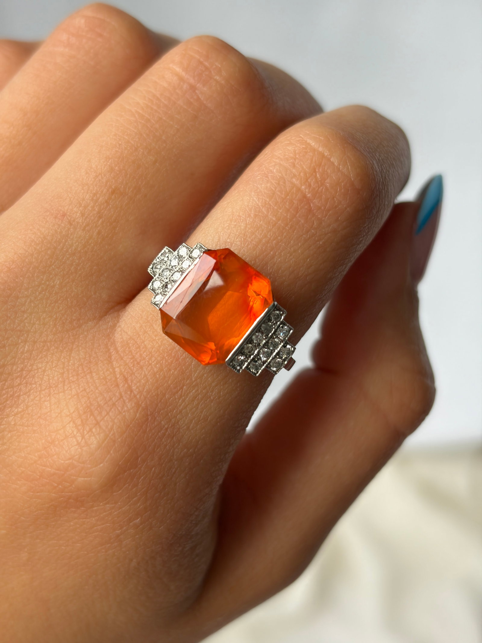 ART DECO ANTIQUE PLATINUM FIRE OPAL AND DIAMOND RING - 8