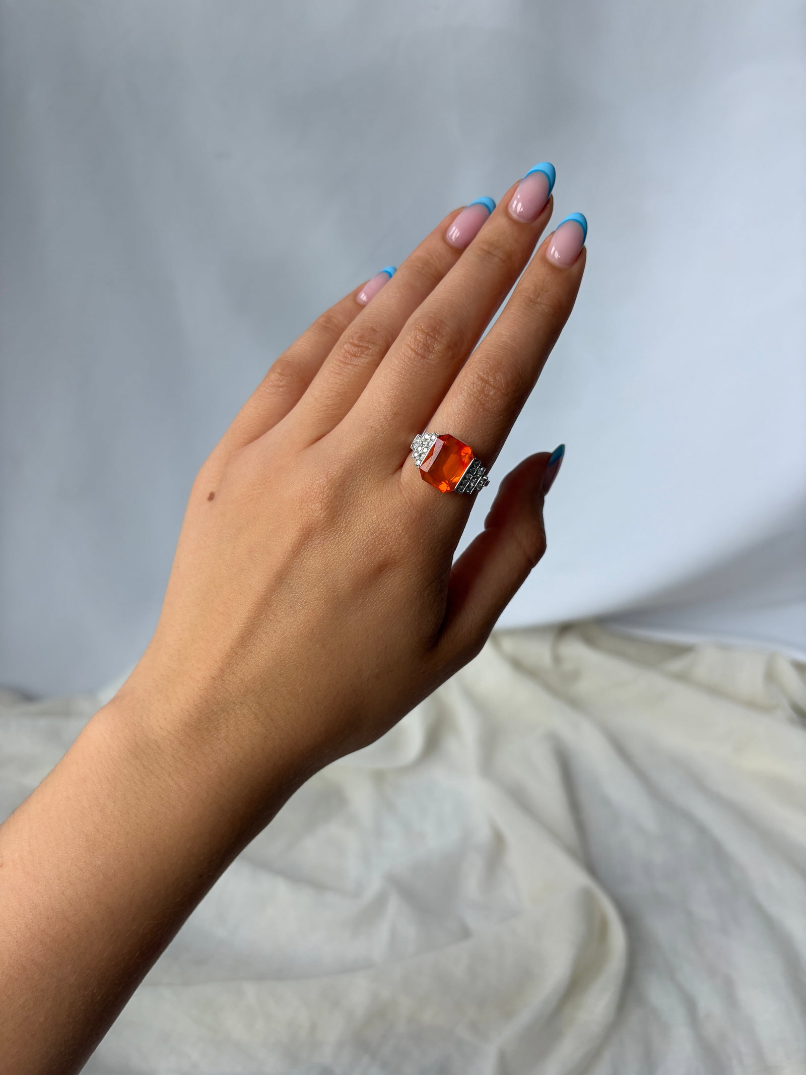 ART DECO ANTIQUE PLATINUM FIRE OPAL AND DIAMOND RING - 9