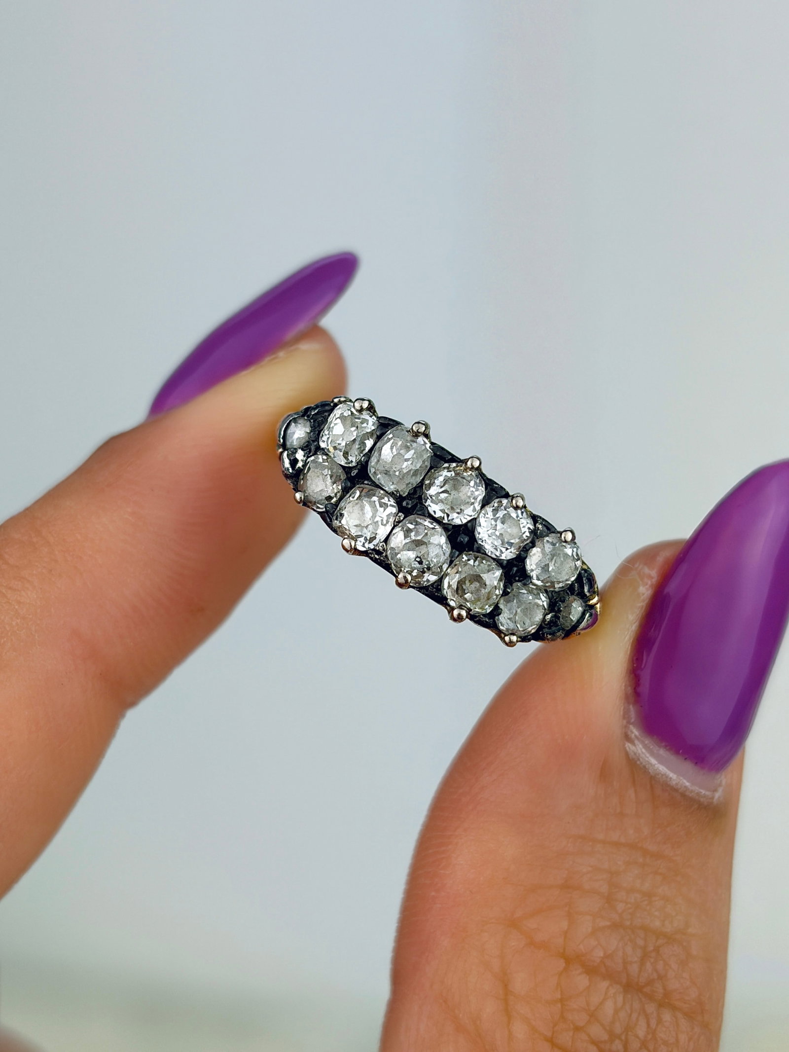 ANTIQUE 18CT YELLOW GOLD OLD MINE CUT DIAMOND DOUBLE ROW RING - 9