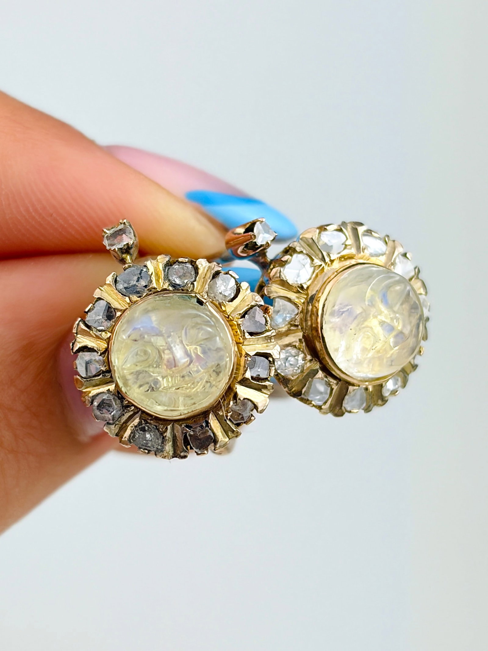 INCREDIBLE ANTIQUE 'MAN IN THE MOON' MOONSTONE AND ROSE CUT DIAMOND HALO EARRINGS IN GOLD - 2