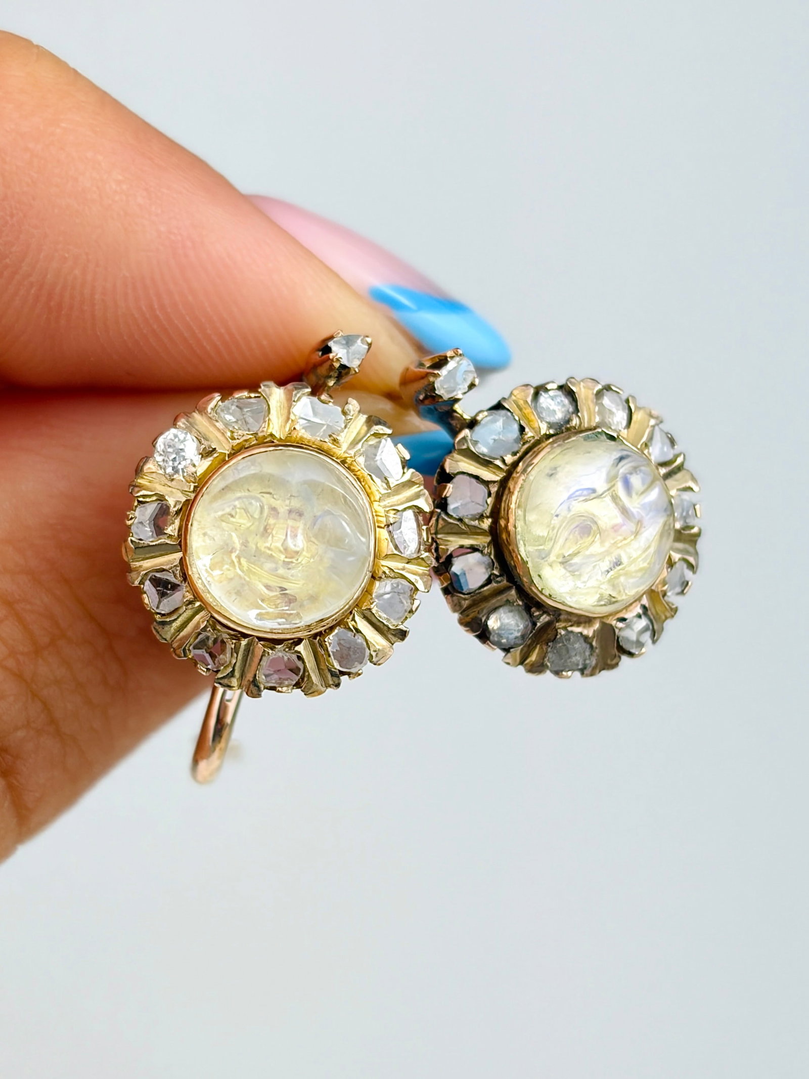 INCREDIBLE ANTIQUE 'MAN IN THE MOON' MOONSTONE AND ROSE CUT DIAMOND HALO EARRINGS IN GOLD - 4
