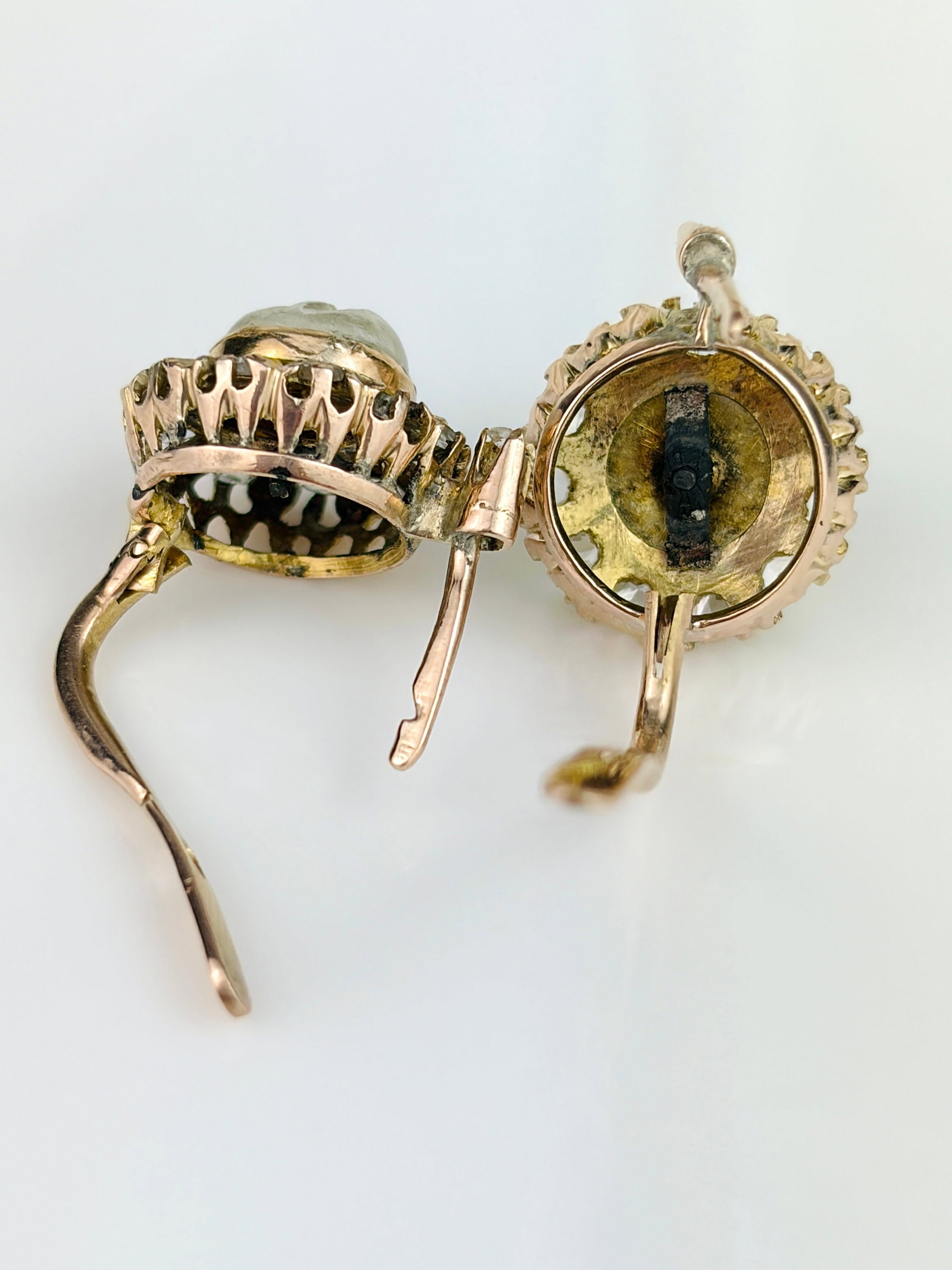 INCREDIBLE ANTIQUE 'MAN IN THE MOON' MOONSTONE AND ROSE CUT DIAMOND HALO EARRINGS IN GOLD - 7