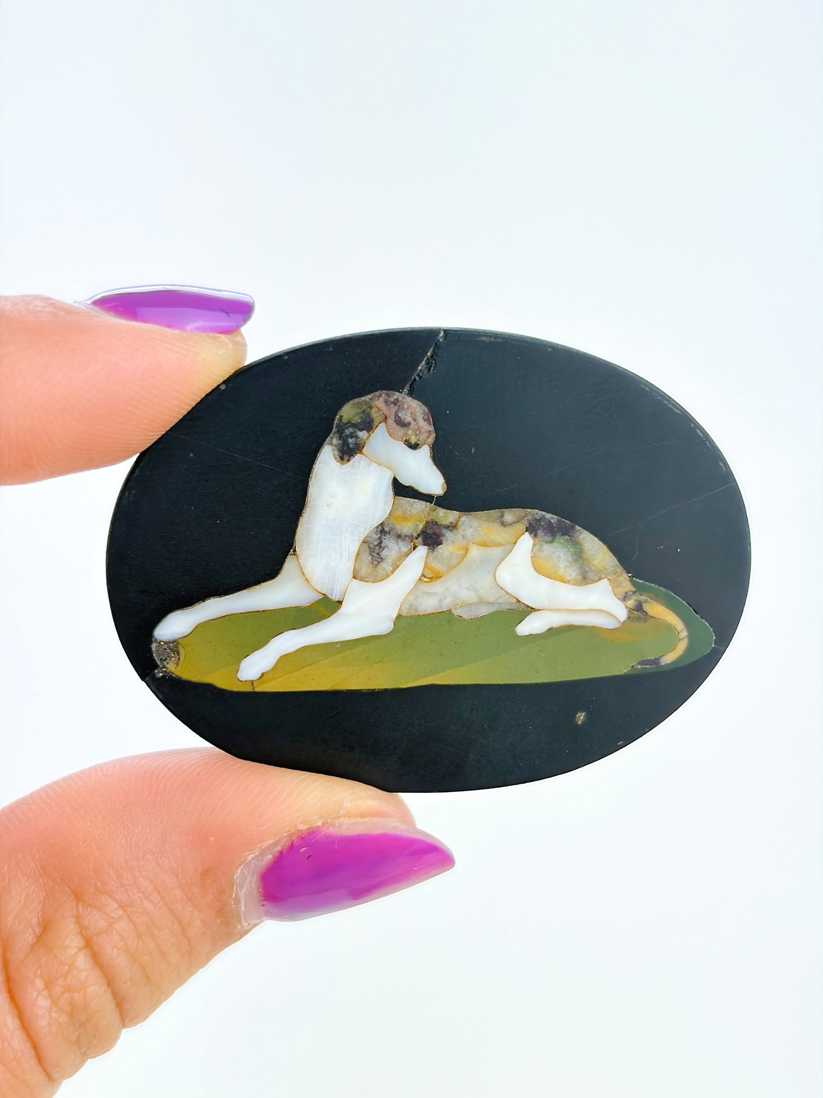 ANTIQUE PETRA DURA DOG MOSAIC: ANTIQUE PETRA DURA DOG MOSAIC Weight: 10.55g Size: 34x45mm Condition: Good overall condition, small crack and chip. Some signs of wear are expected given the piece’s age. Please refer to