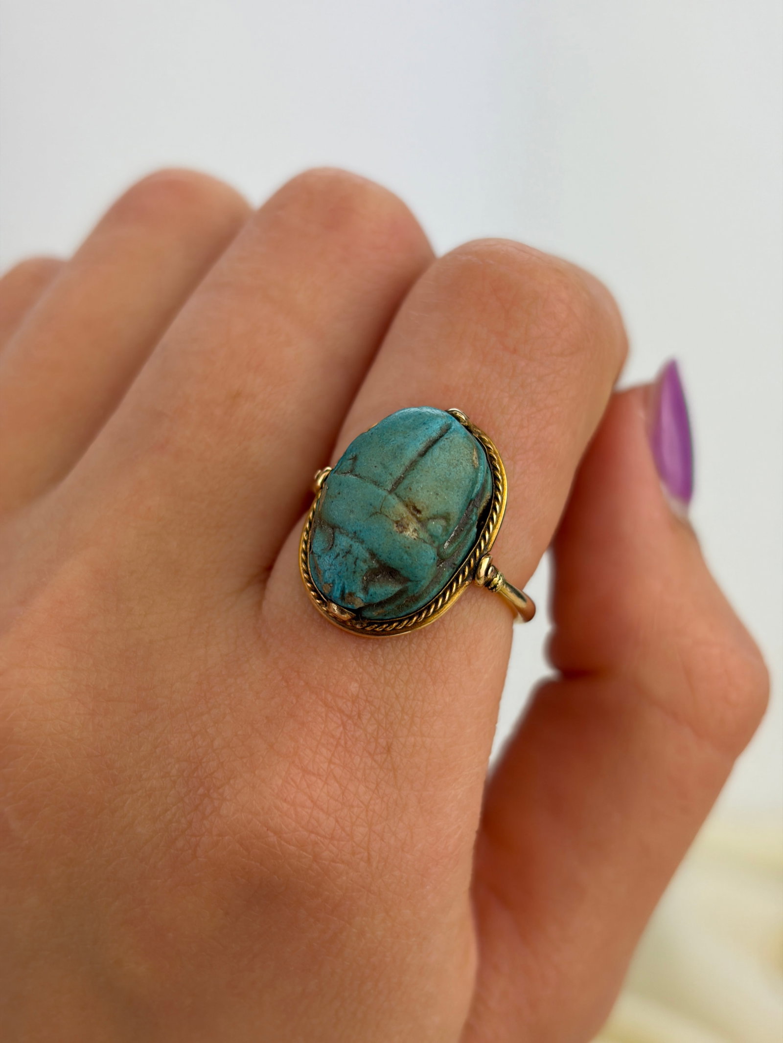 ANTIQUE 18CT YELLOW GOLD EGYPTIAN REVIVAL SWIVEL SCARAB RING - 9