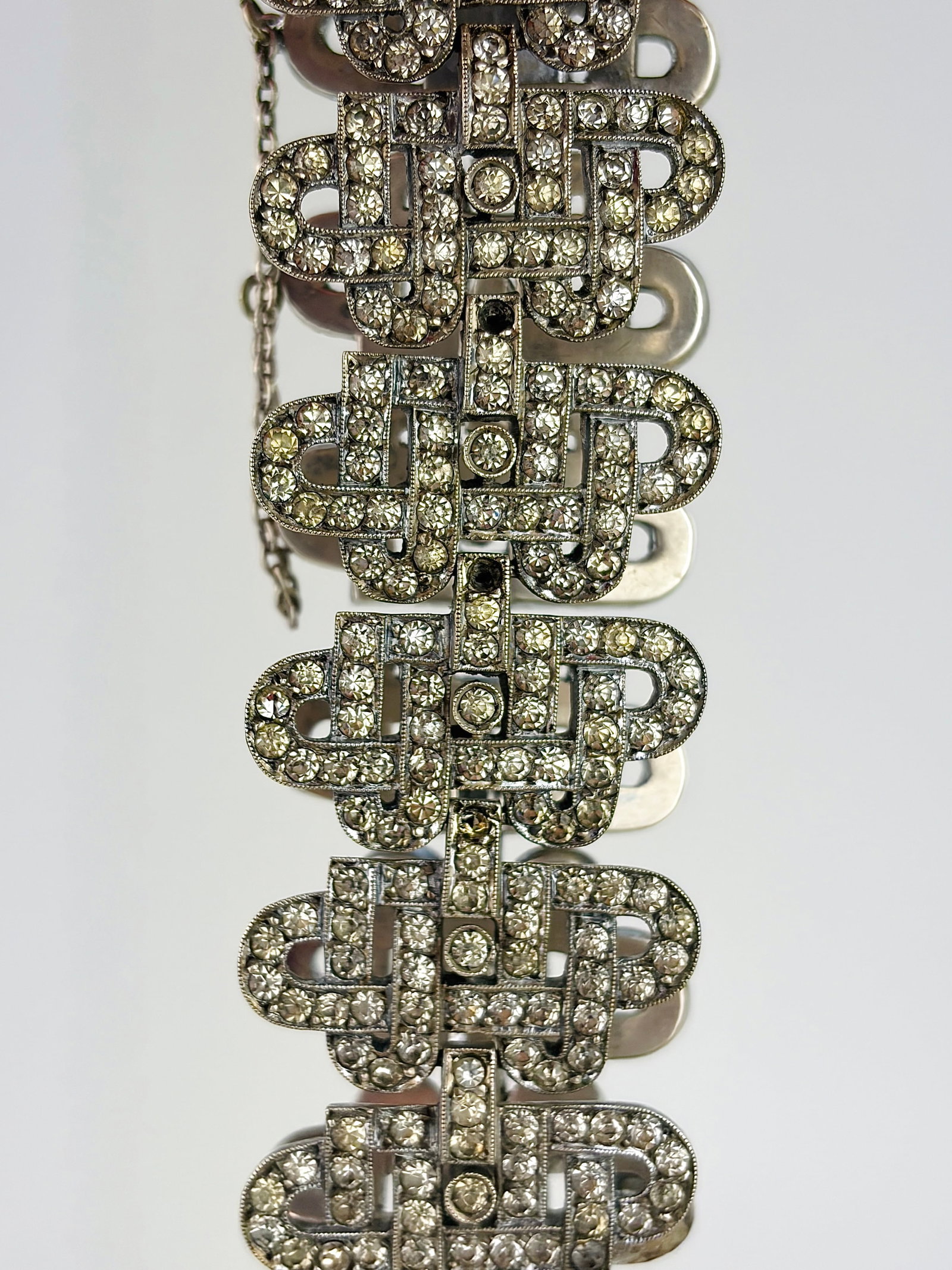 ANTIQUE 925 SILVER PASTE BRACELET: ANTIQUE 925 SILVER PASTE BRACELET Weight: 69.65g Size: Length 19cm, width 26mm Materials: silver Hallmarks: Stamped 925 Condition: Good overall condition, some paste stones missing. Some signs