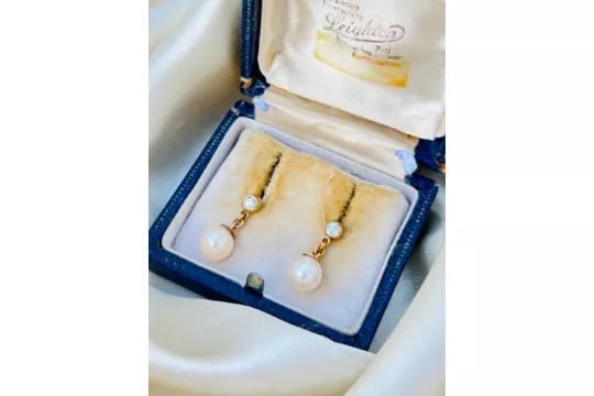 Vintage Pearl and Diamond Gold Drop Earrings