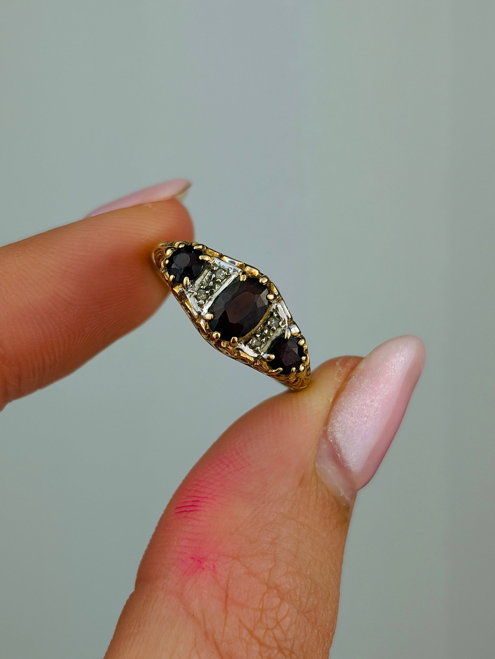 vintage 9ct yellow gold garnet and diamond ring - 5