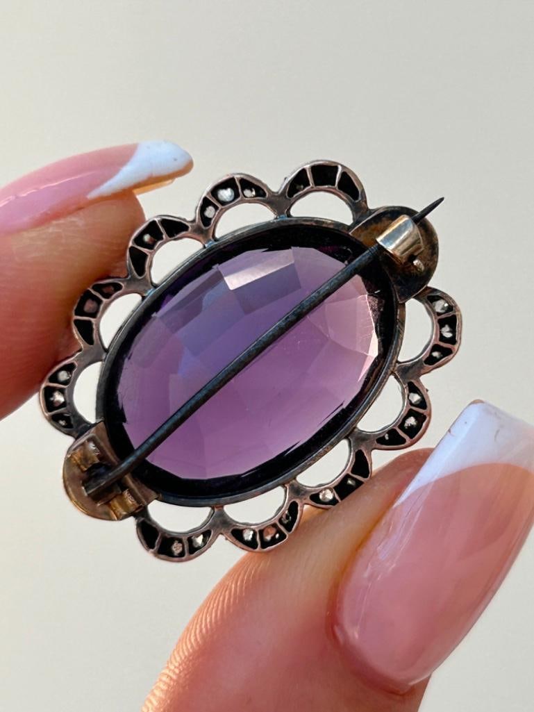 Chunky Antique 19ct Amethyst and Rose Cut Diamond Pretty Brooch in Gold - 3