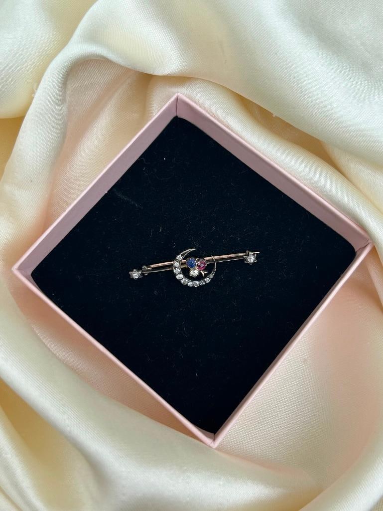 Antique diamond, sapphire and ruby crescent brooch - 4