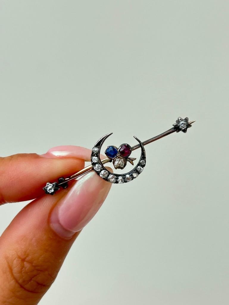 Antique diamond, sapphire and ruby crescent brooch - 6