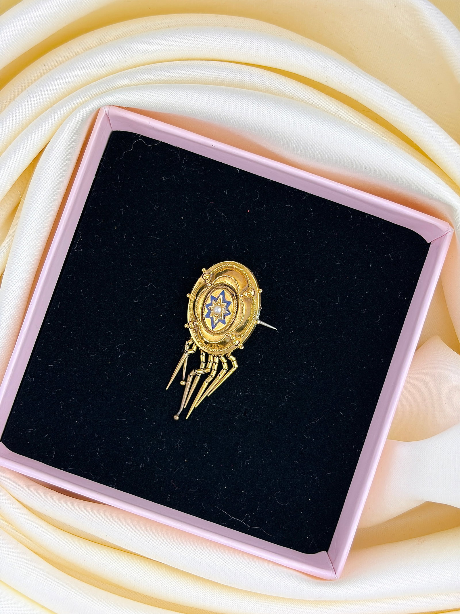 ANTIQUE 18CT YELLOW GOLD PEARL AND BLUE ENAMEL STAR TASSEL BROOCH - 4