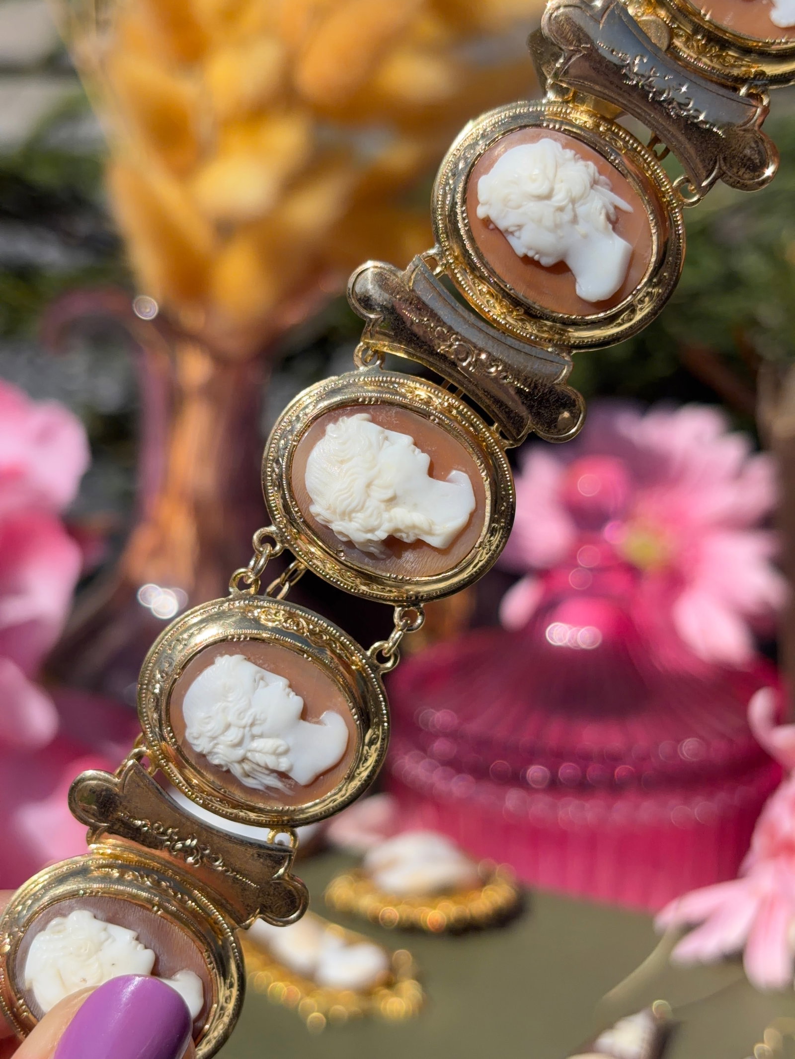 ANTIQUE LARGE GILT METAL CAMEO BRACELET WITH SAFETY CHAIN - 2
