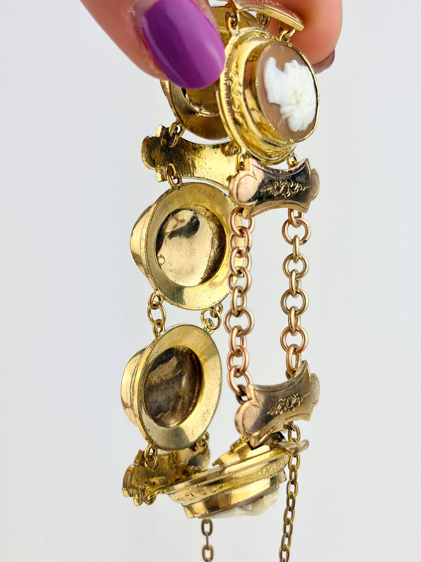 ANTIQUE LARGE GILT METAL CAMEO BRACELET WITH SAFETY CHAIN - 7