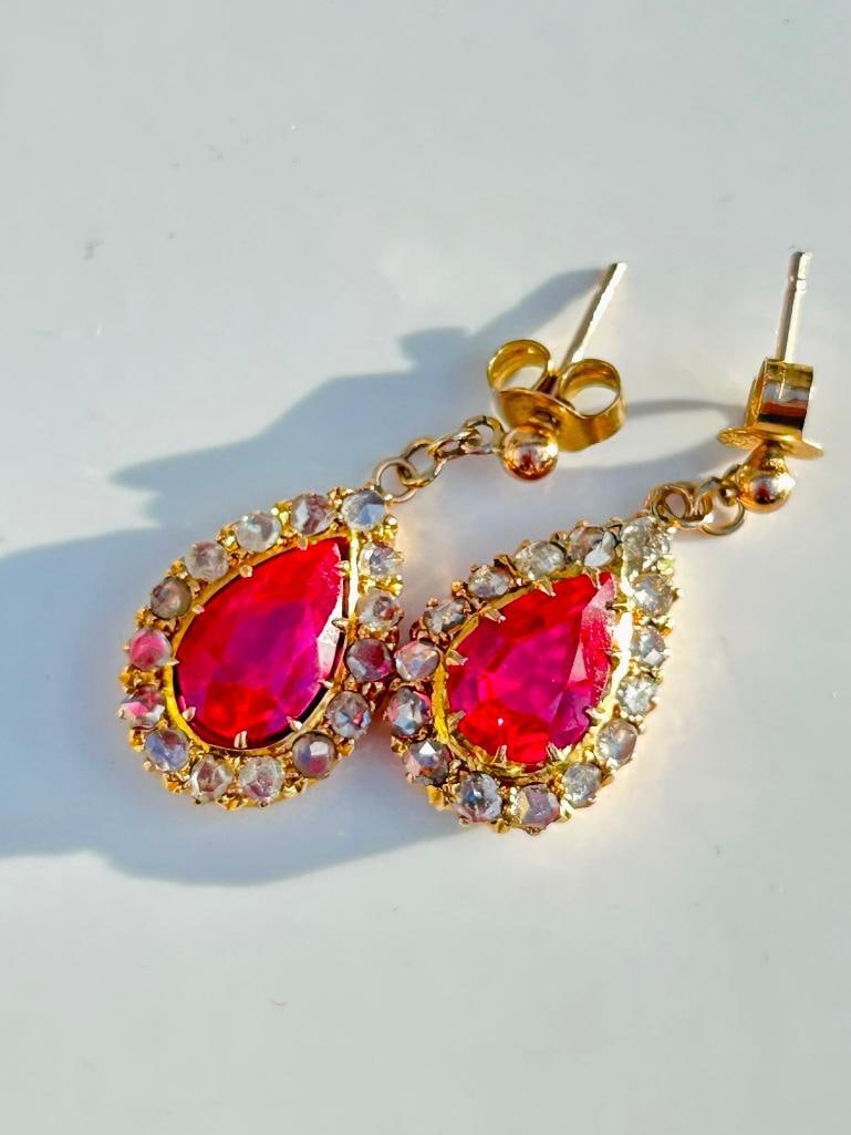 Wonderful Gold Rose Cut Diamond and Synthetic Ruby Pear Drop Earrings - 8