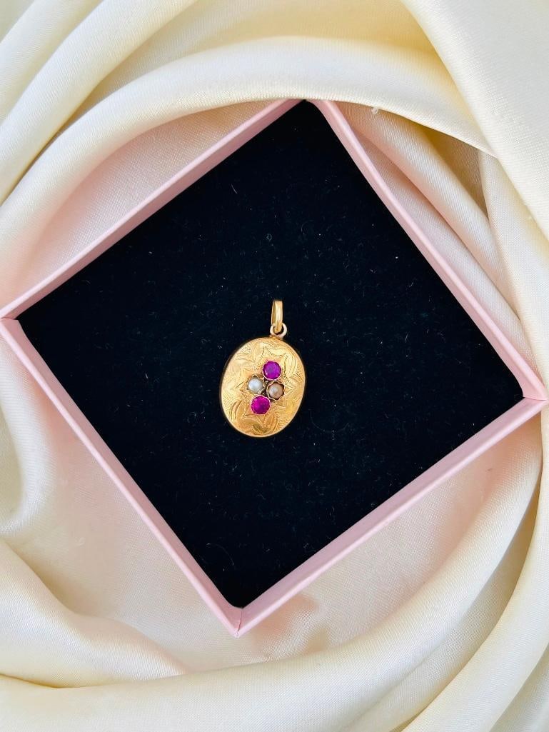 Antique 15ct Gold Pink Tourmaline and Pearl Pendant - 4