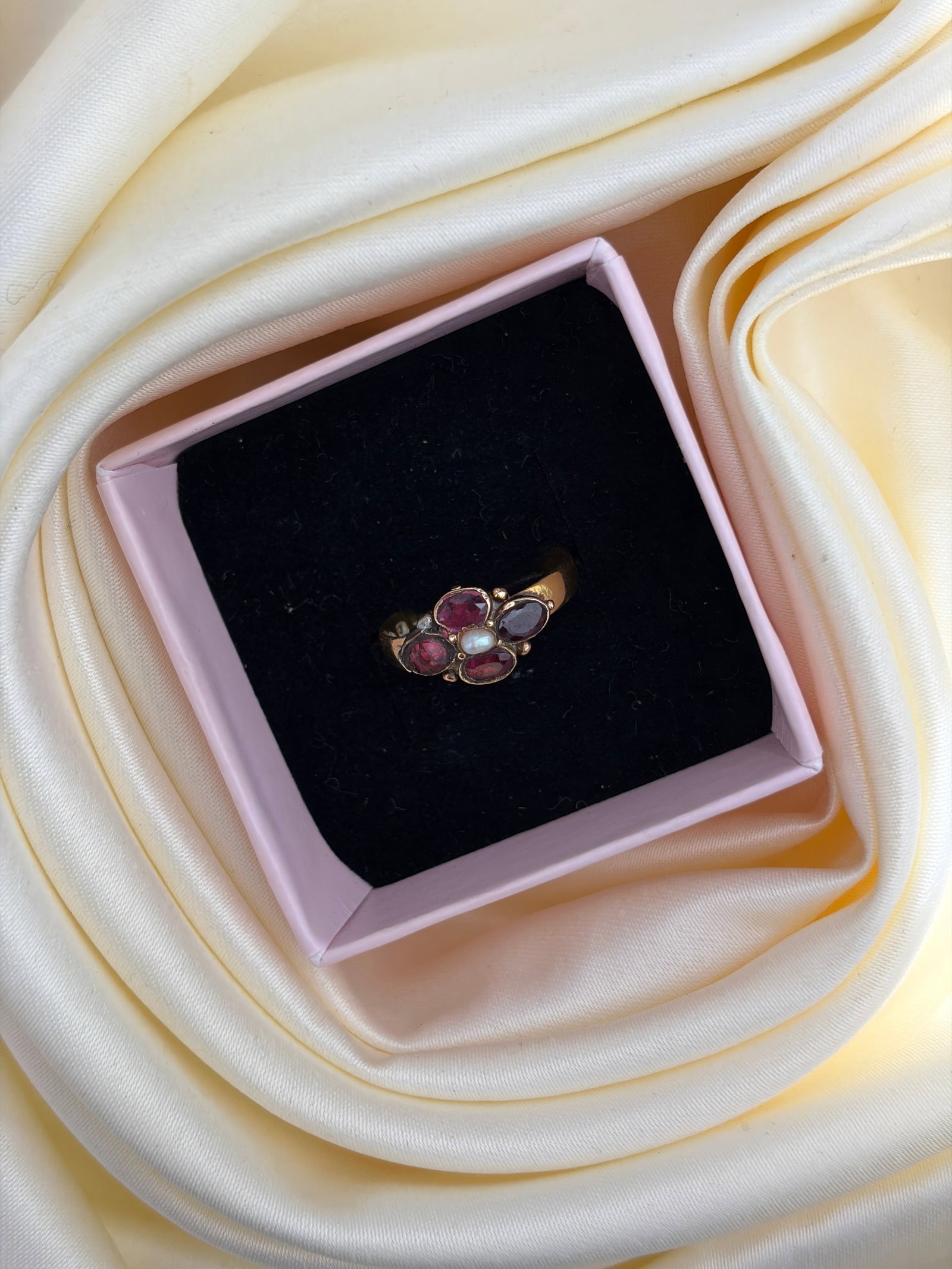 Antique 22ct Yellow Gold Garnet and Pearl Cluster Ring - 7
