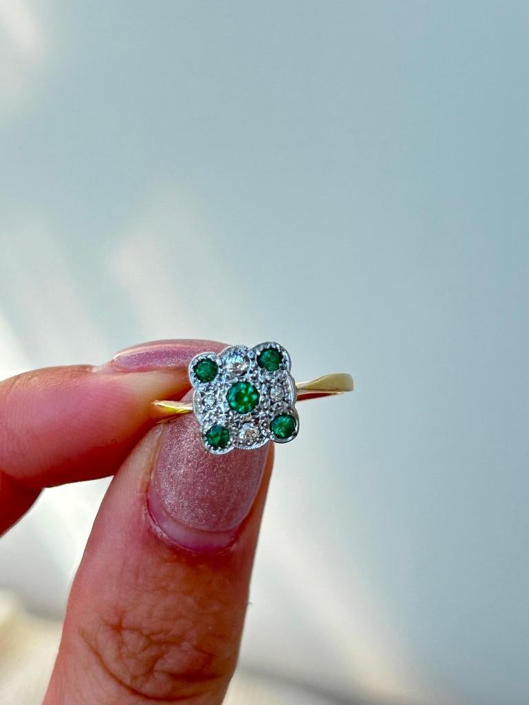 *Art Deco 18ct Gold Emerald and Diamond Square Panel Ring - 3