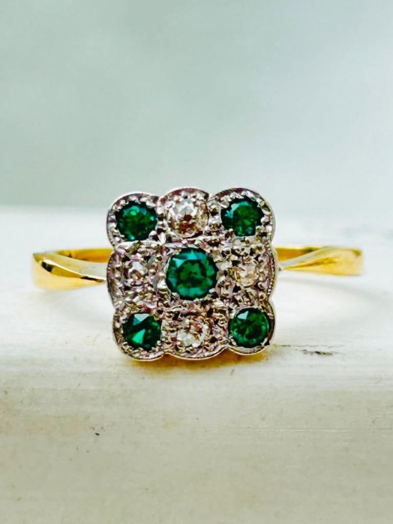 *Art Deco 18ct Gold Emerald and Diamond Square Panel Ring - 4