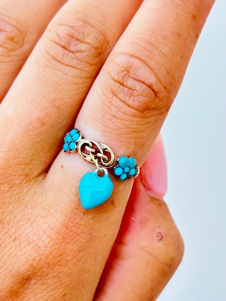 Antique Lovers Knot Hanging Heart Blue Enamel Ring in Yellow Gold - 3