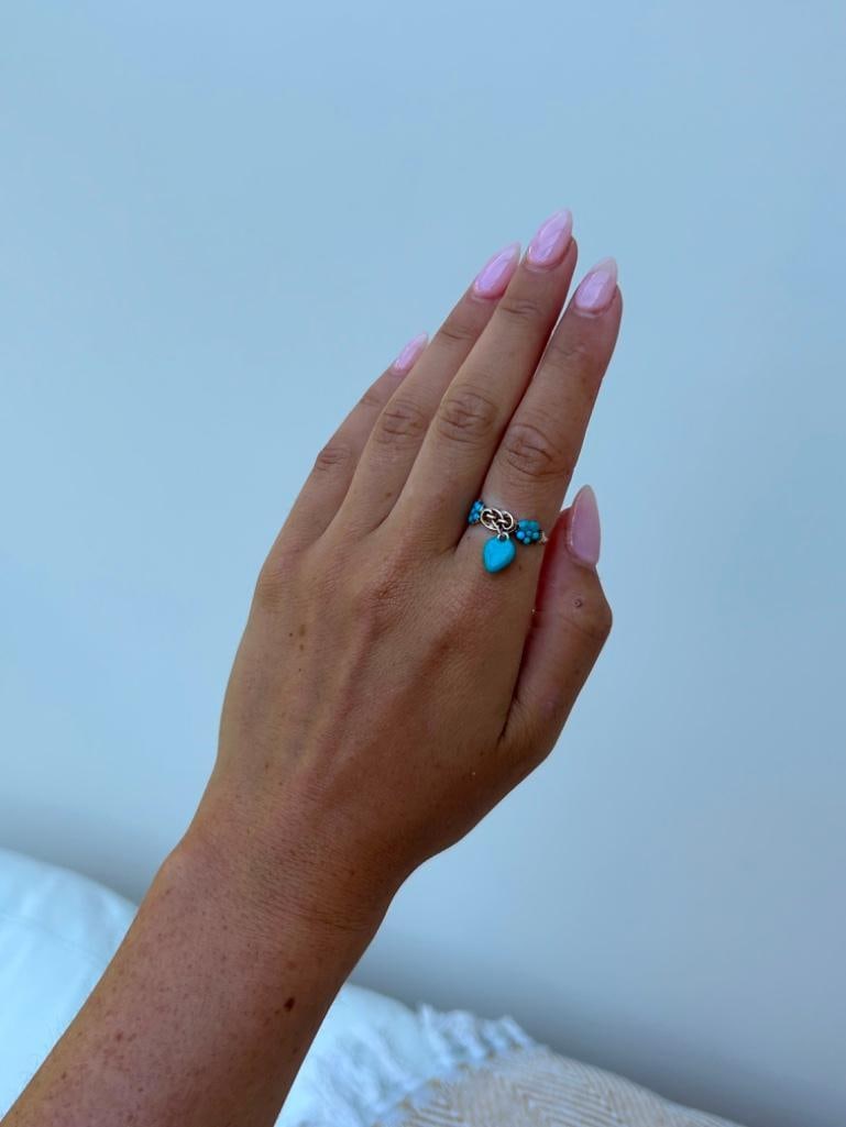Antique Lovers Knot Hanging Heart Blue Enamel Ring in Yellow Gold - 5