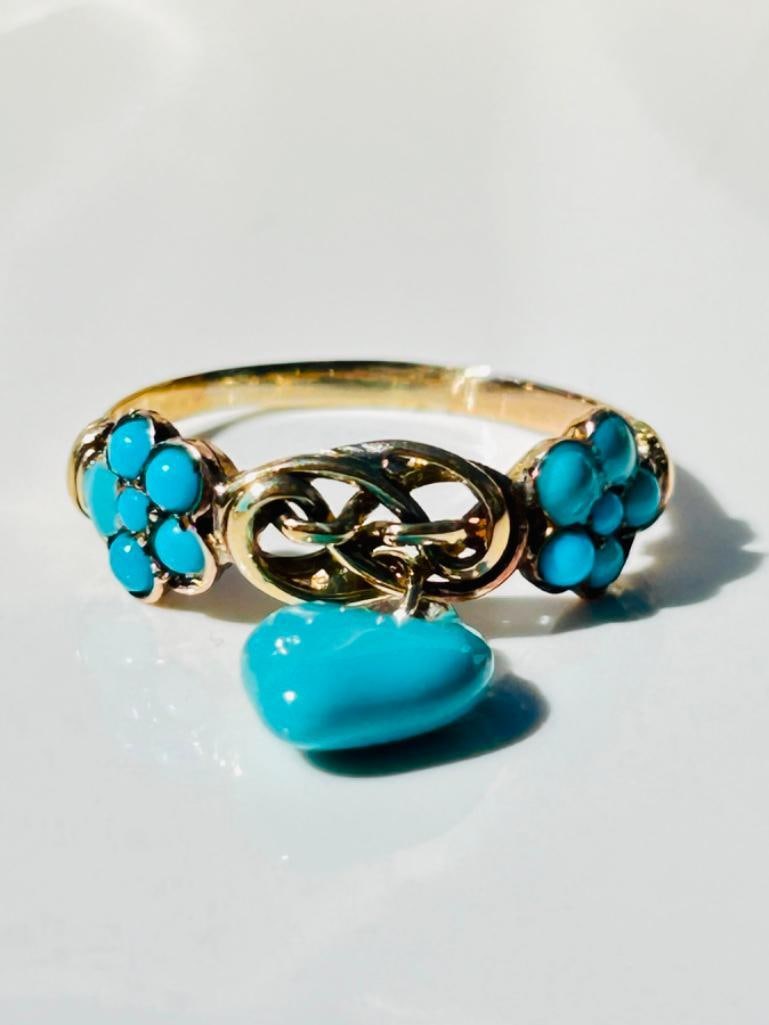 Antique Lovers Knot Hanging Heart Blue Enamel Ring in Yellow Gold - 6