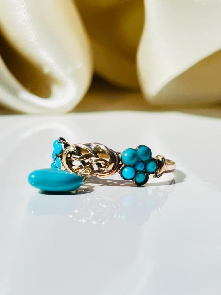 Antique Lovers Knot Hanging Heart Blue Enamel Ring in Yellow Gold - 8