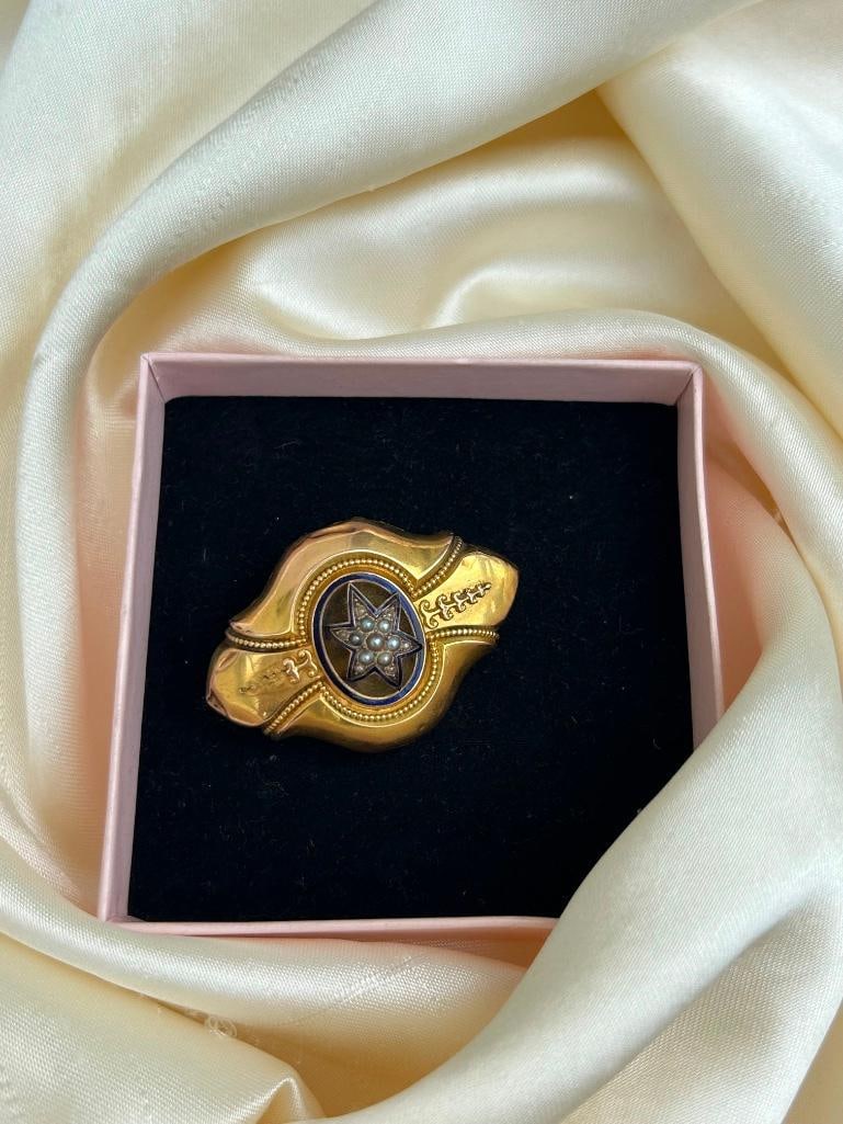 Heavy 15ct yellow gold enamel and pearl star brooch with locket back - 4