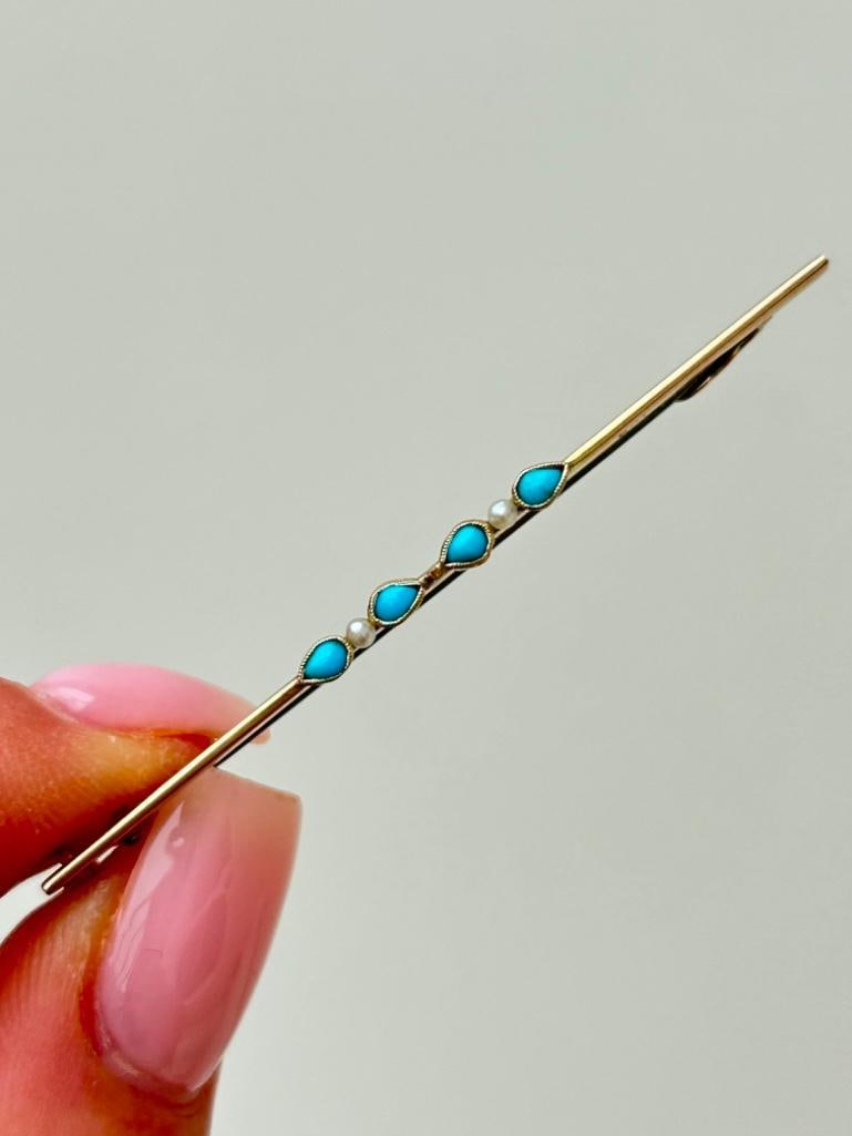 Antique Gold Pearl and Turquoise Bar Brooch Pin with Safety Chain - 3