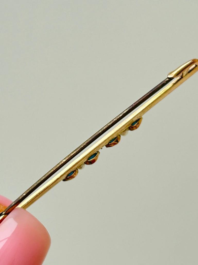 Antique Gold Pearl and Turquoise Bar Brooch Pin with Safety Chain - 5