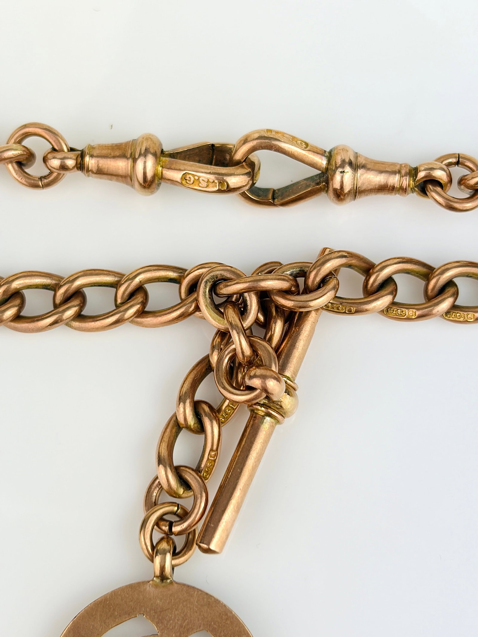 Heavy Antique 9ct Gold Double Albert Chain Necklace With Pendant and Tbar - 4