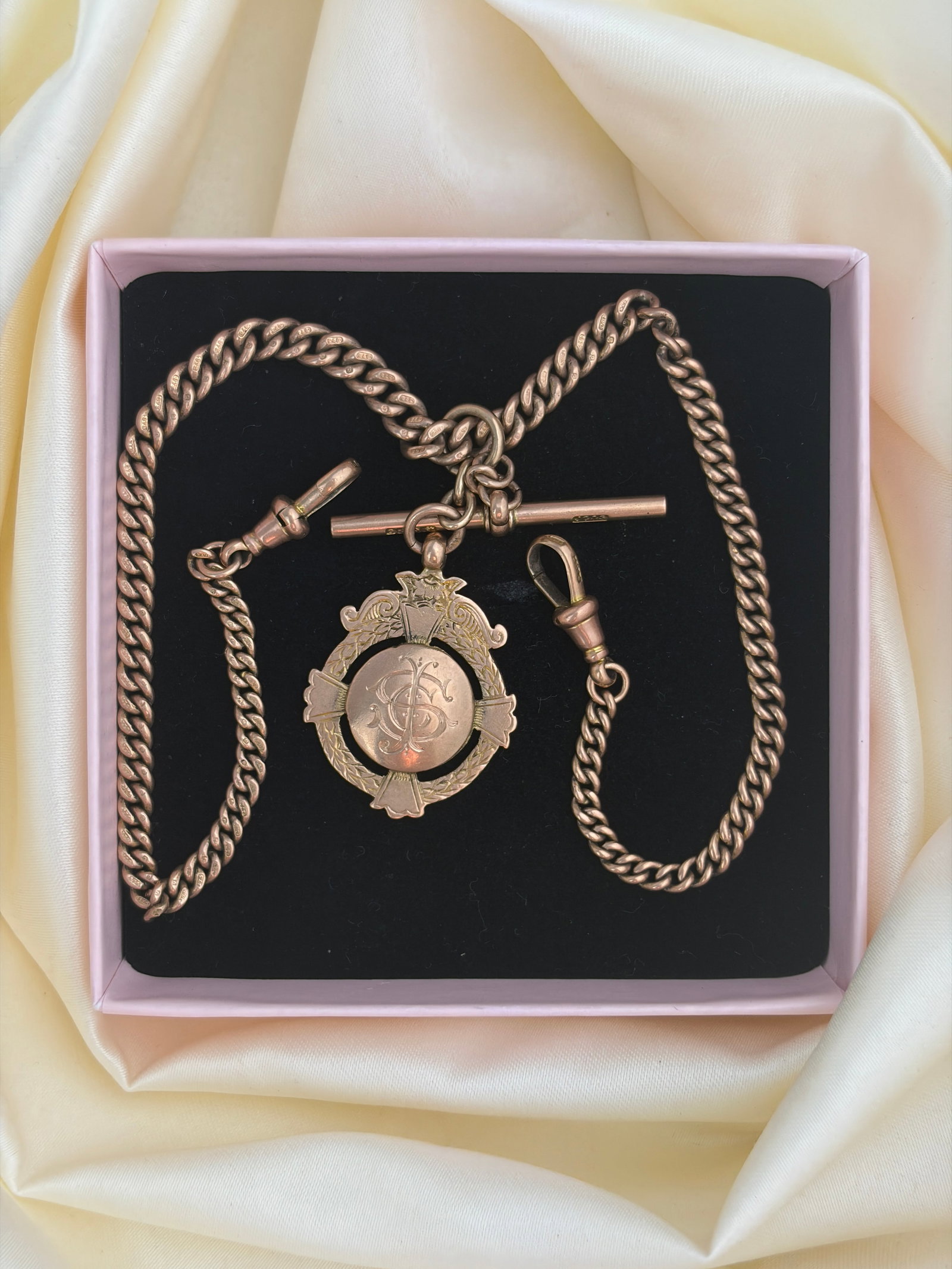 heavy antique 9ct yellow gold double Albert chain necklace with dog clips bar and medal pendant - 4
