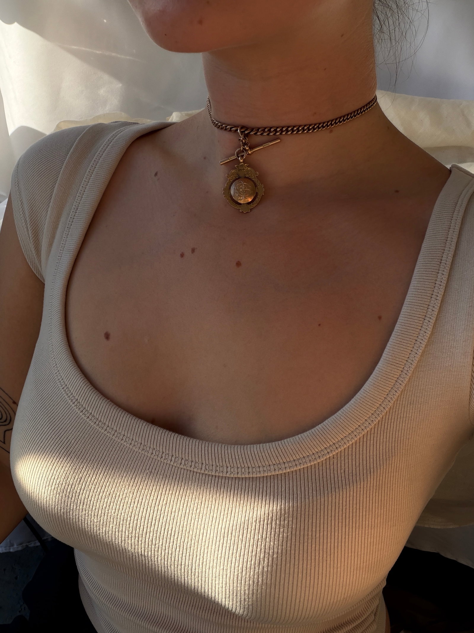 heavy antique 9ct yellow gold double Albert chain necklace with dog clips bar and medal pendant - 6