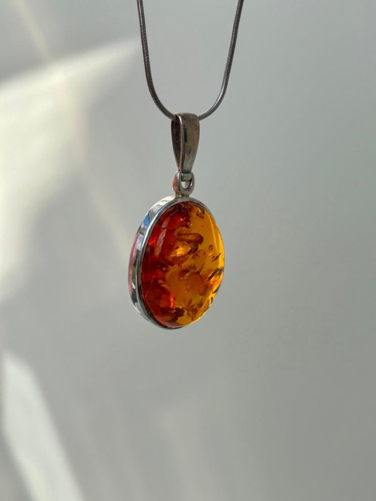 Large Silver Amber Pendant on Silver Chain - 4