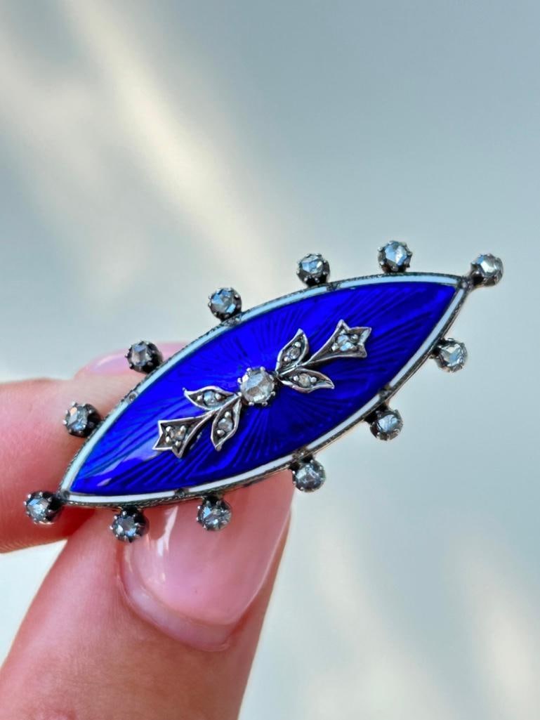 *Antique c.1860 Blue Enamel and Rose Cut Diamond Navette Shaped Brooch in Gold - 5