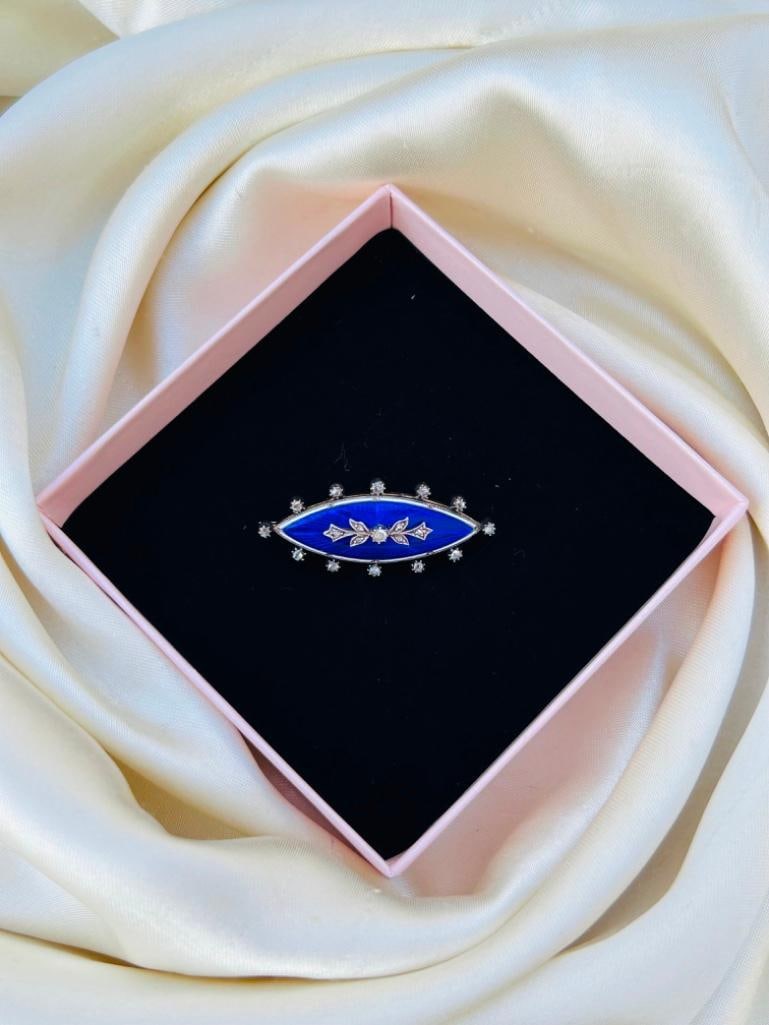 *Antique c.1860 Blue Enamel and Rose Cut Diamond Navette Shaped Brooch in Gold - 6