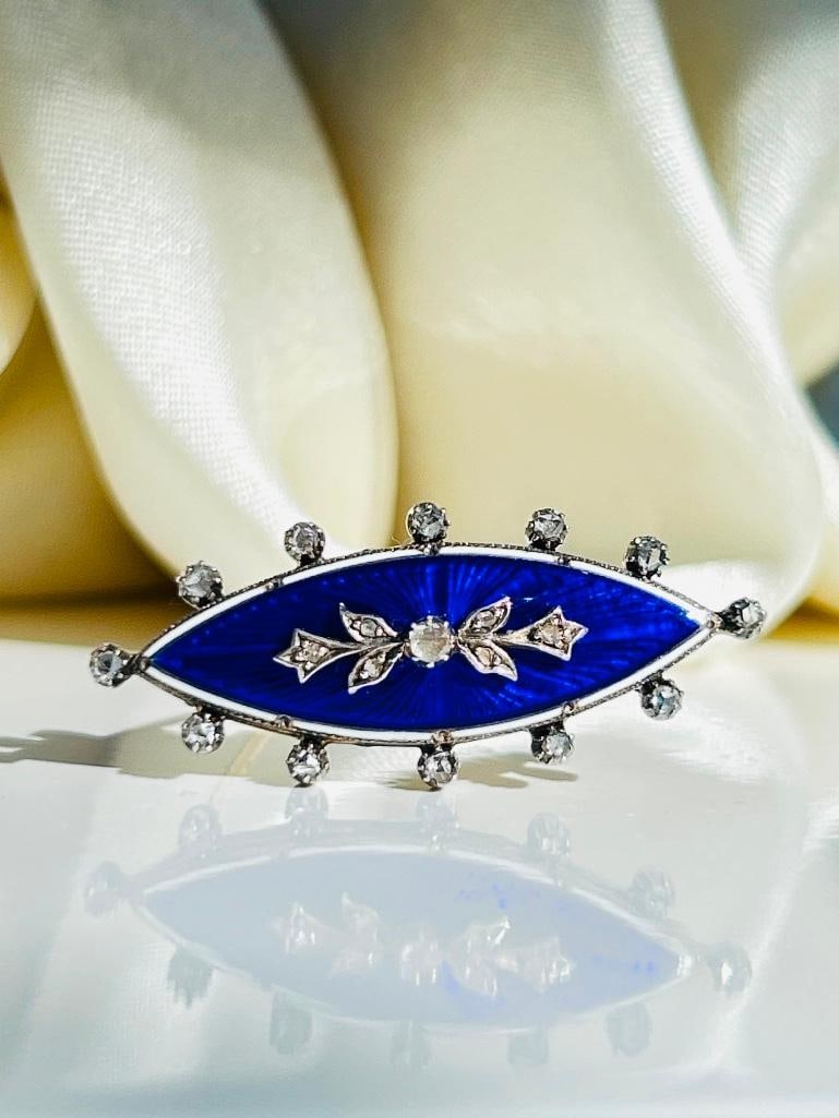 *Antique c.1860 Blue Enamel and Rose Cut Diamond Navette Shaped Brooch in Gold - 8