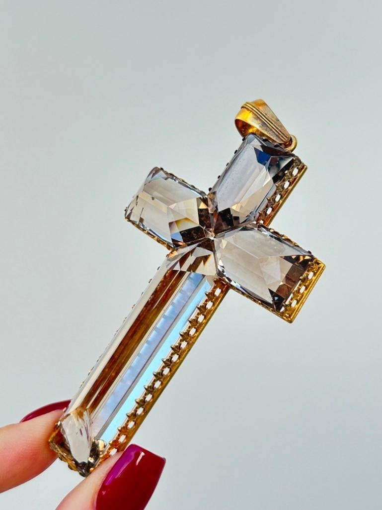 Giant Antique Quartz Cross Pendant in Gold - 4