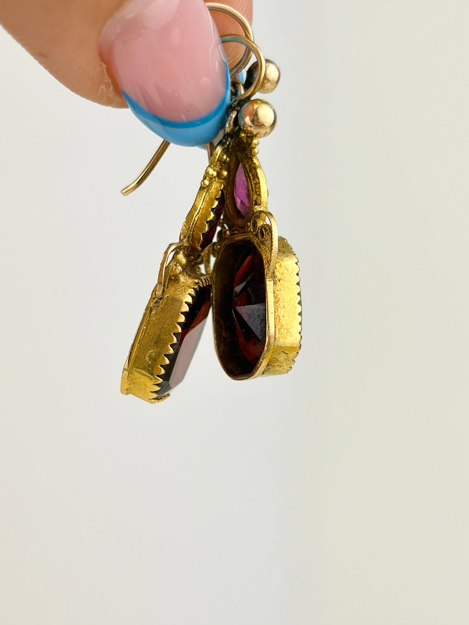 Antique Garnet and Amethyst Ornate Drop Earrings in Gold - 2
