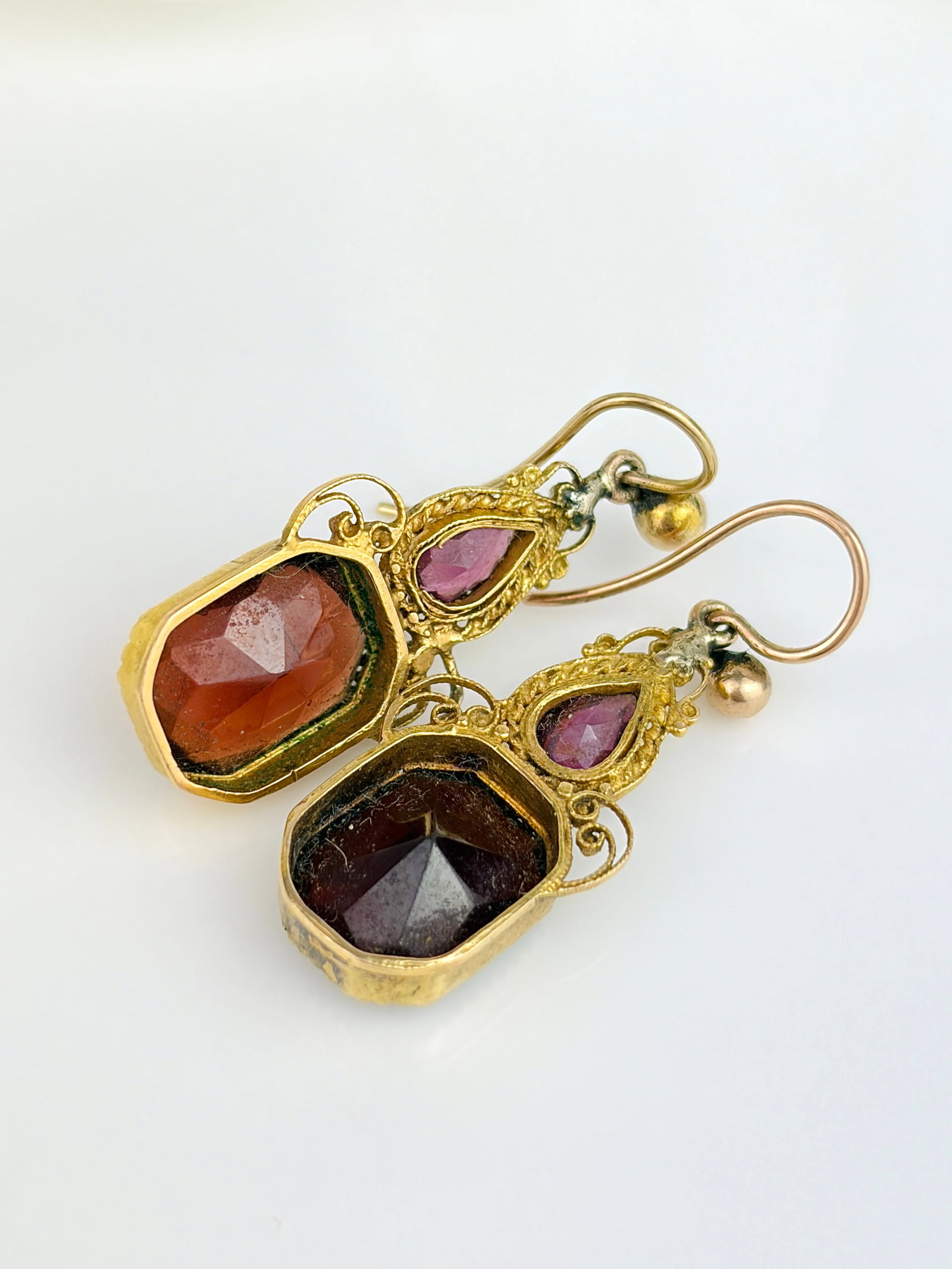 Antique Garnet and Amethyst Ornate Drop Earrings in Gold - 3