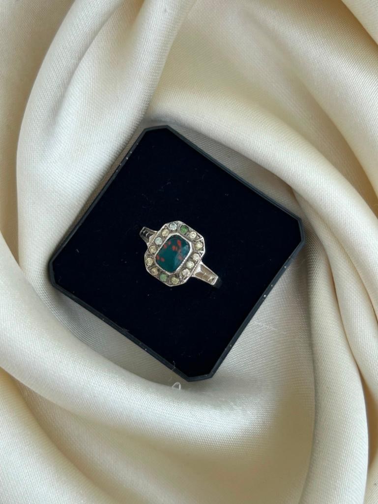 Art Deco Era 9ct Gold and Silver Bloodstone and Paste Ring - 6