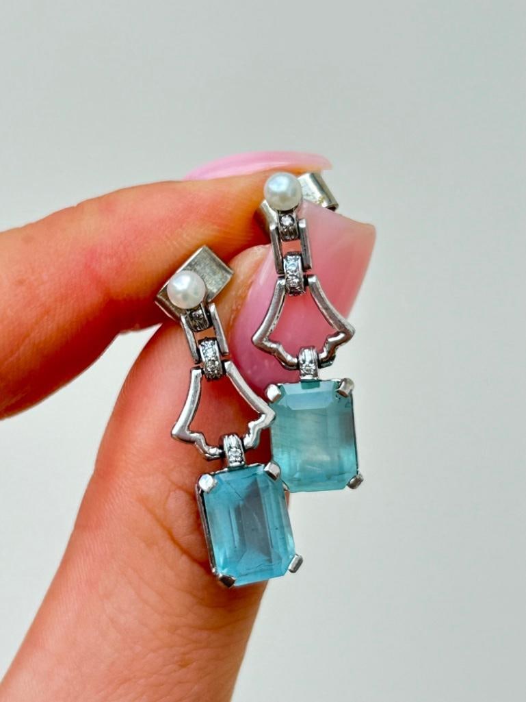 Aquamarine Diamond and Pearl 18ct White Gold Drop Earrings - 3