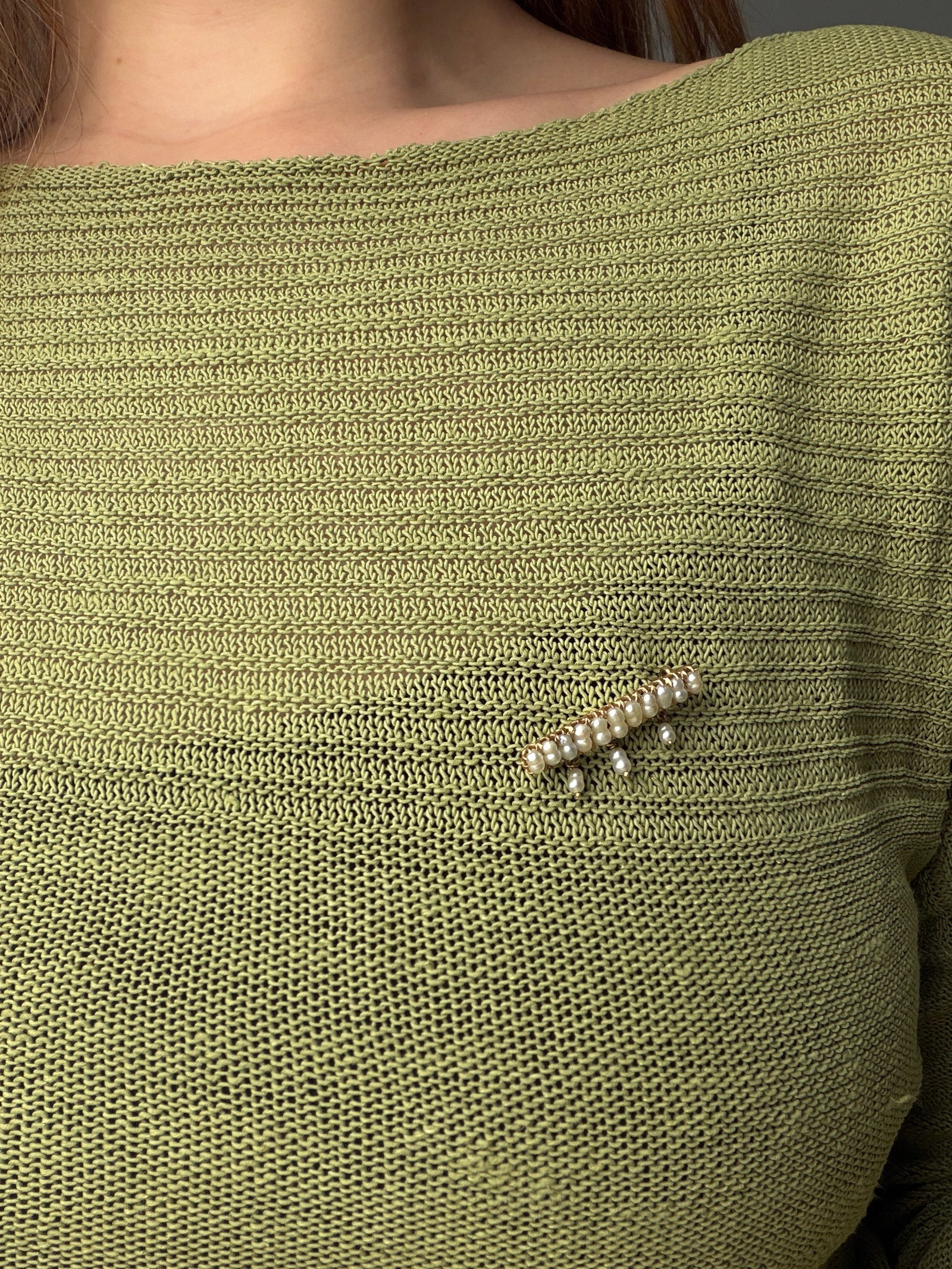 ADORABLE GOLD SEED PEARL DOUBLE ROW AND DROP BAR BROOCH - 6