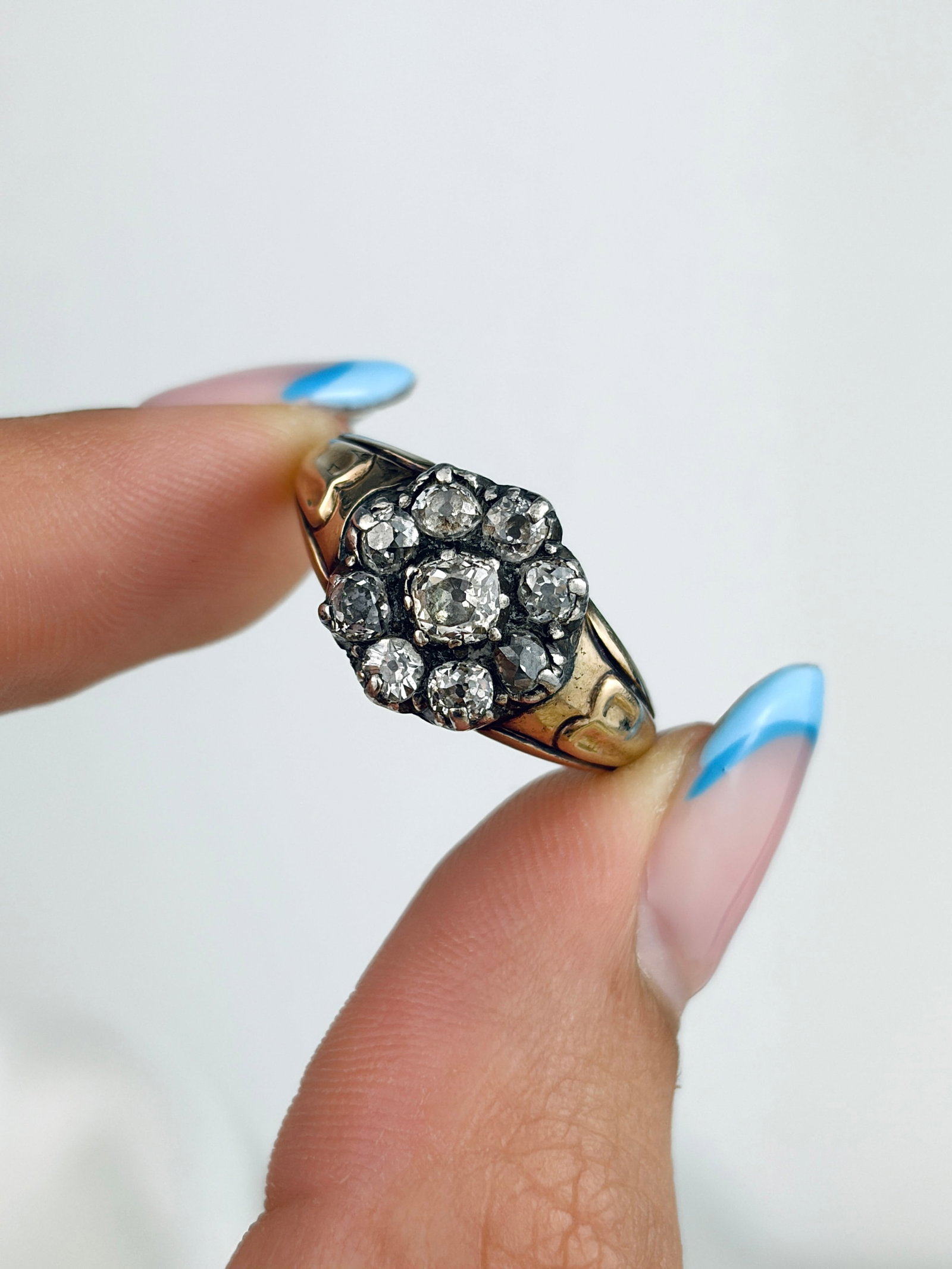 Antique Georgian Era 9ct Gold And Silver Set Diamond Cluster Ring - 7